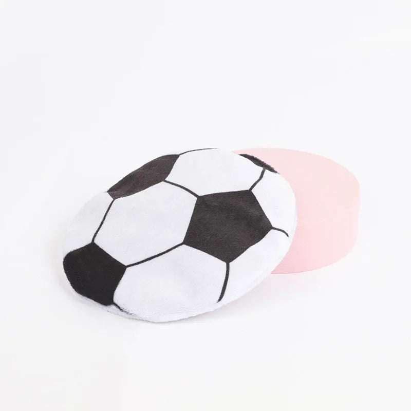 Plush cat toy with sports ball patterns featuring catnip and crinkle sounds for interactive flying disc play
