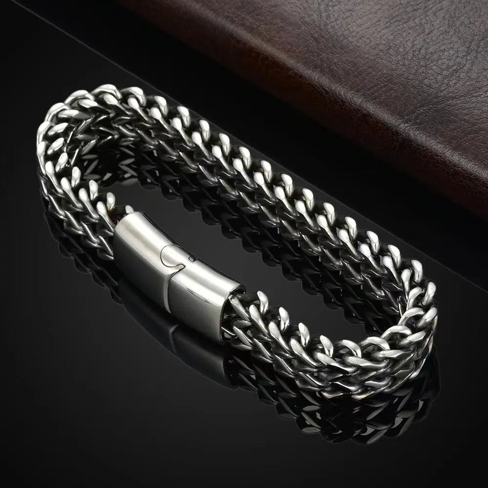Geometric stainless steel hip hop bracelet showing front and back design with titanium steel construction