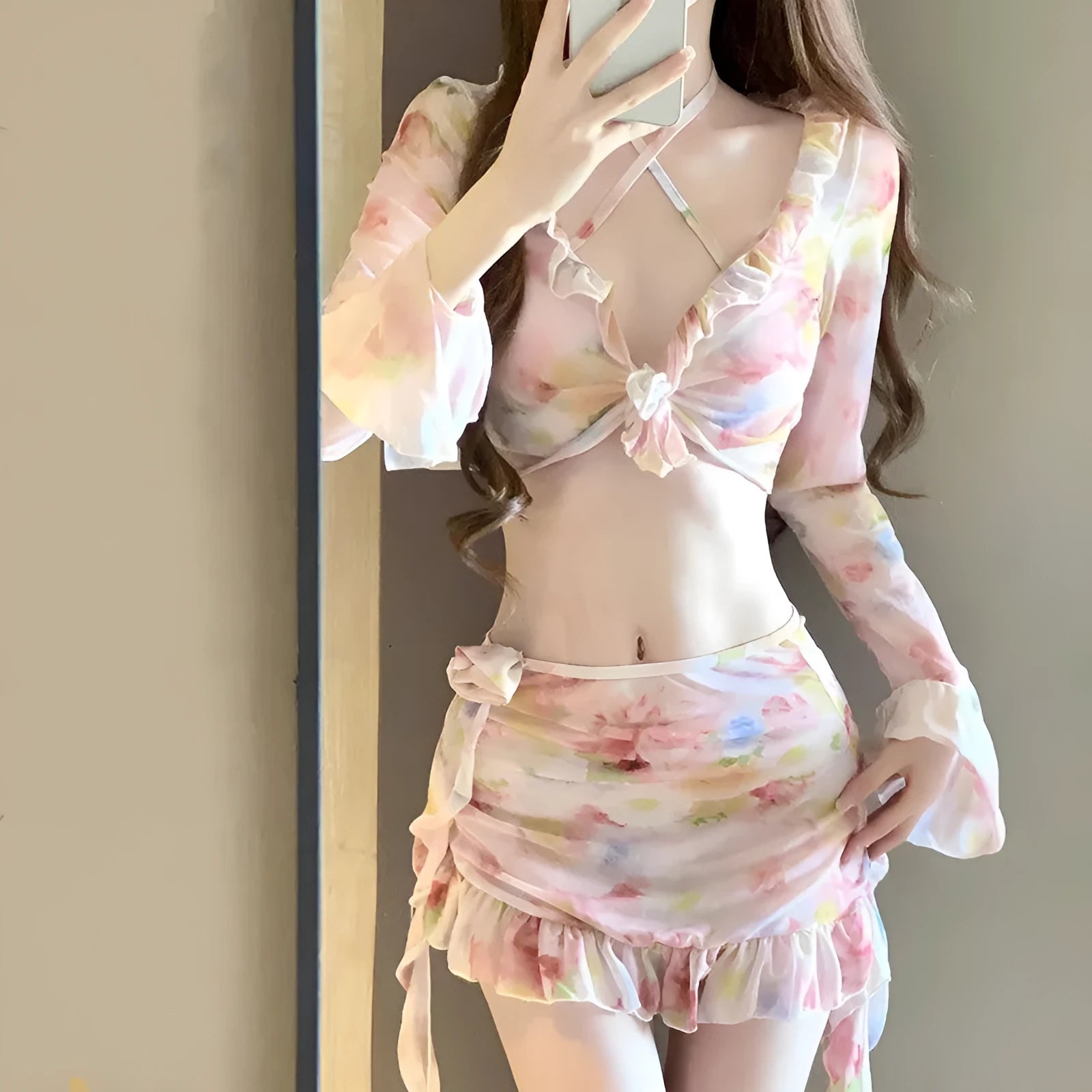 Women's cherry blossom pink floral bikini swimwear set for beach and hot spring use