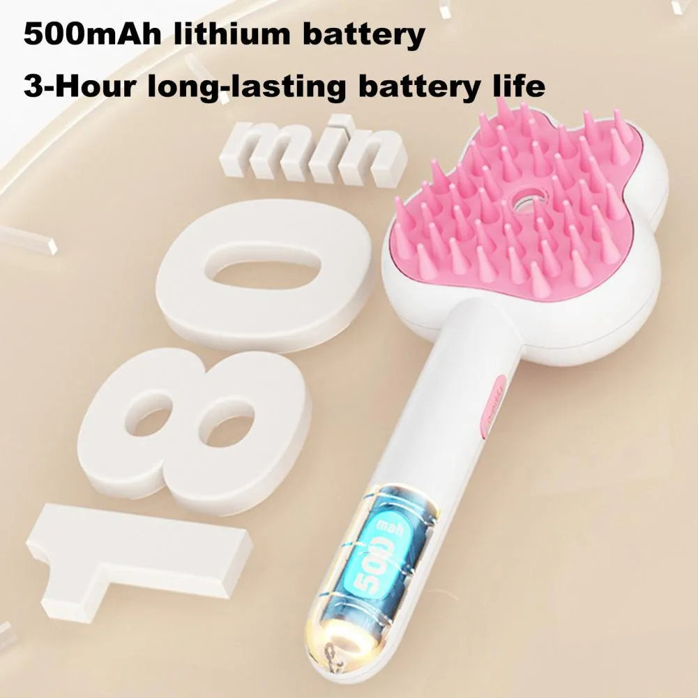Rechargeable cat steam grooming brush with cartoon design in green, pink or white colours