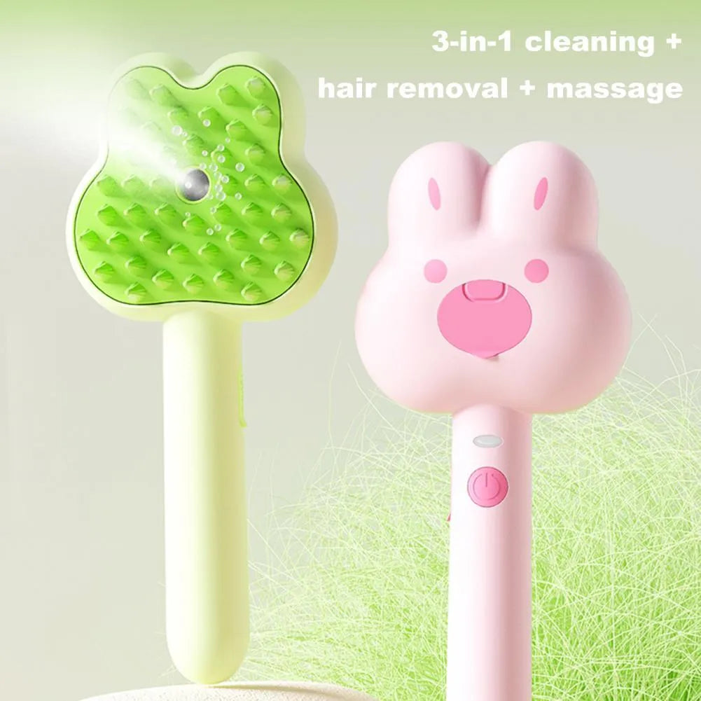 Rechargeable cat steam grooming brush with cartoon design in green, pink or white colours