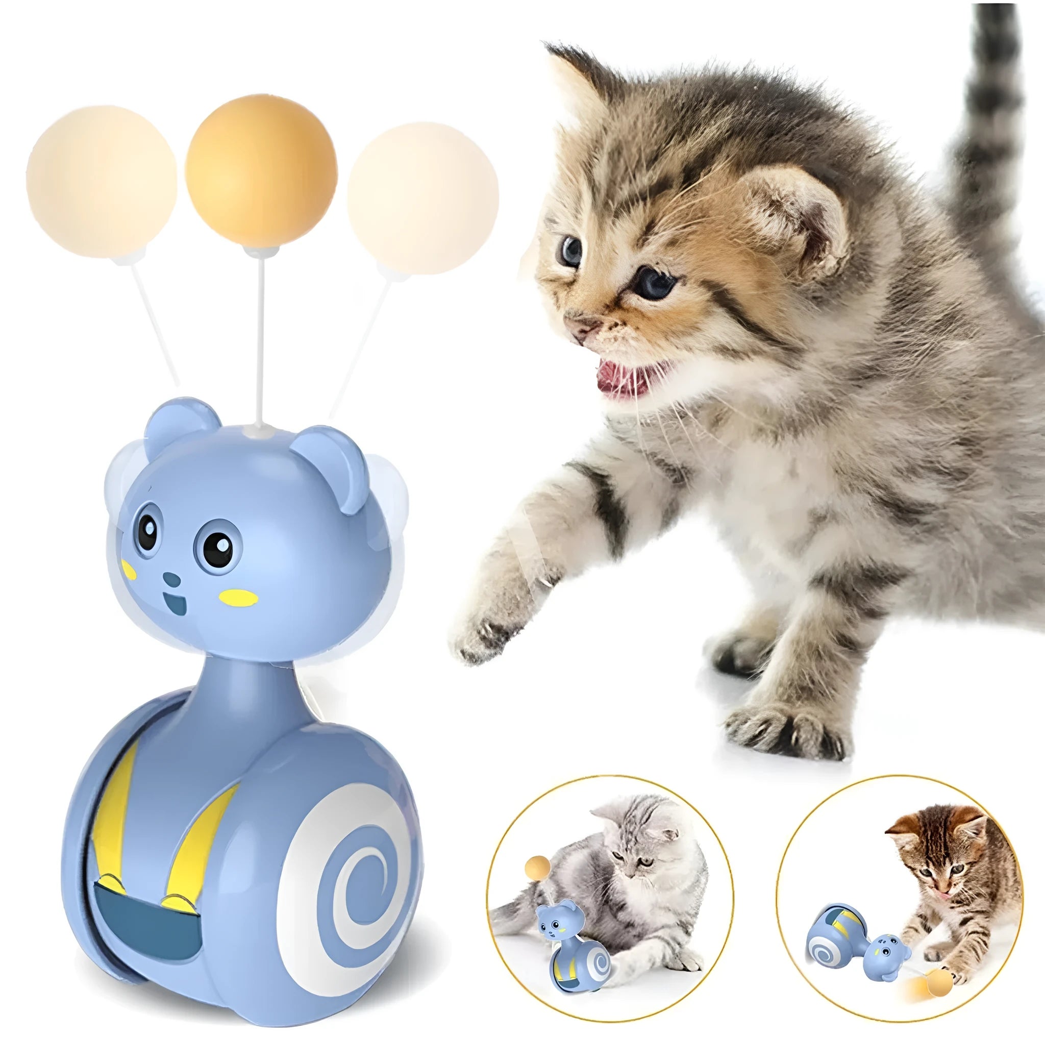Cat interactive feather wand toy with rotating ball and bumbler tumbler design in blue or pink colour