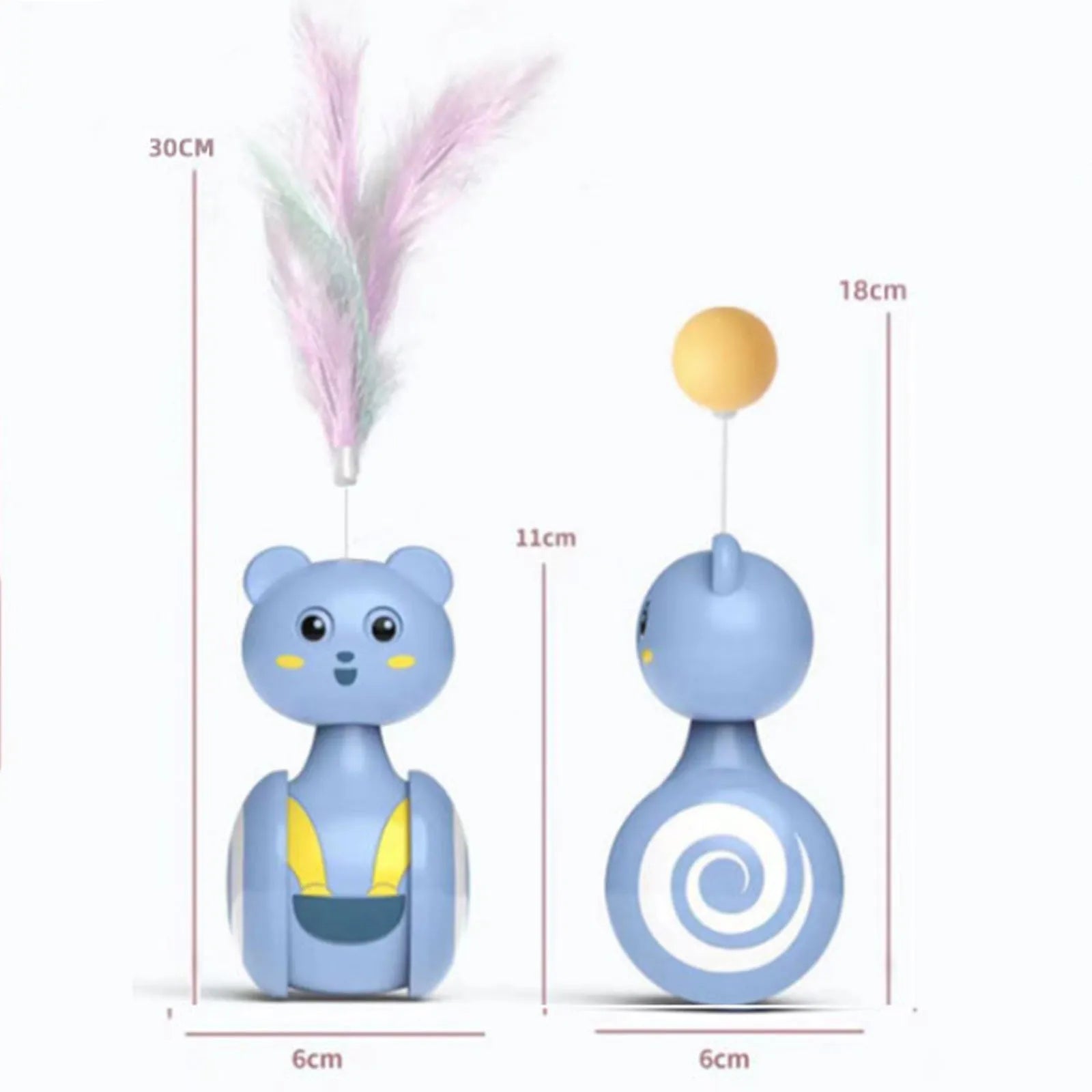 Cat interactive feather wand toy with rotating ball and bumbler tumbler design in blue or pink colour