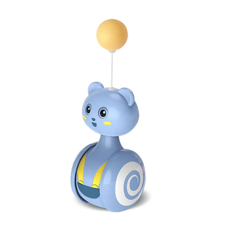 Cat interactive feather wand toy with rotating ball and bumbler tumbler design in blue or pink colour