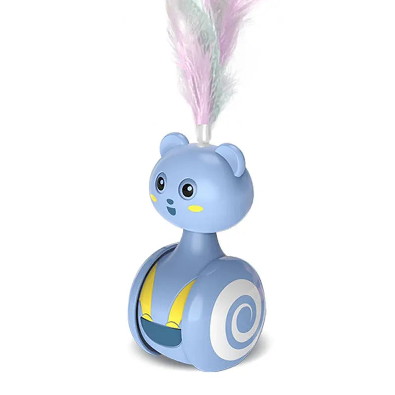 Cat interactive feather wand toy with rotating ball and bumbler tumbler design in blue or pink colour