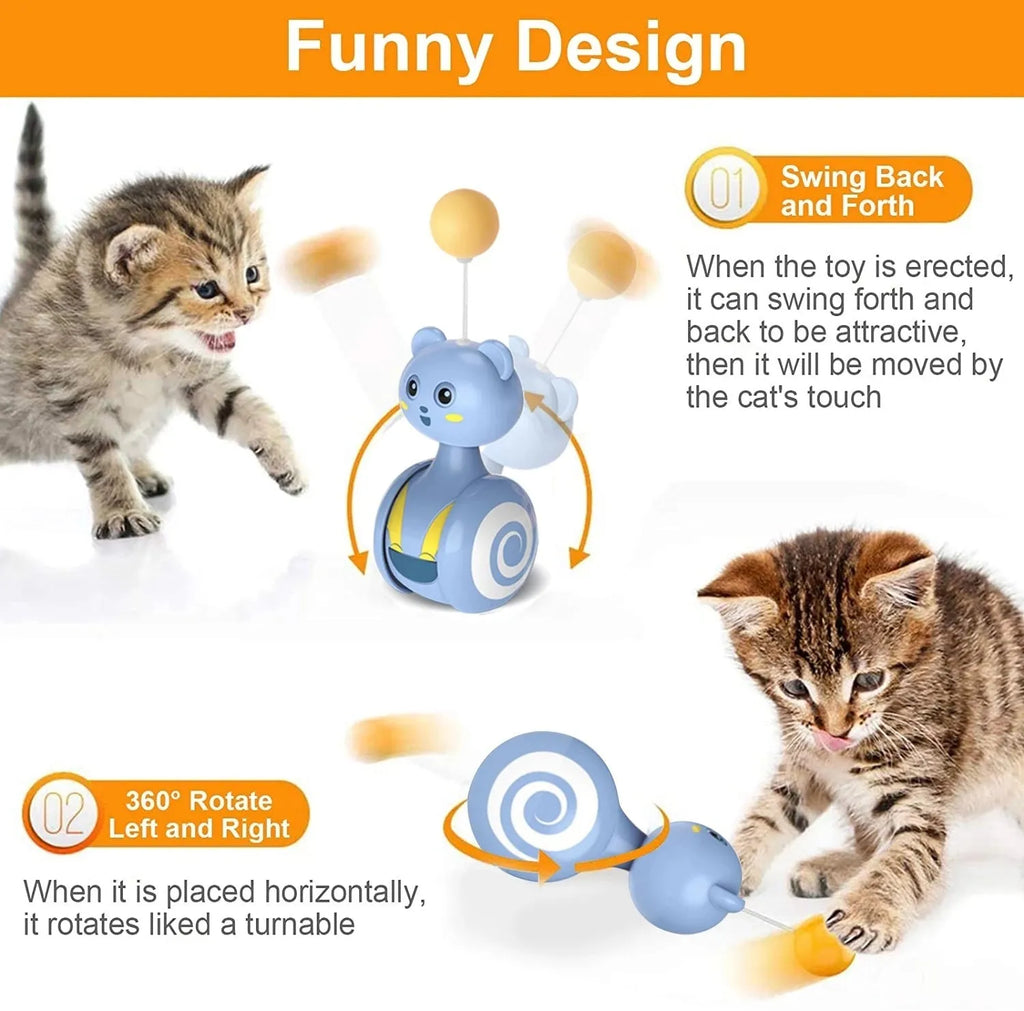 Cat interactive feather wand toy with rotating ball and bumbler tumbler design in blue or pink colour