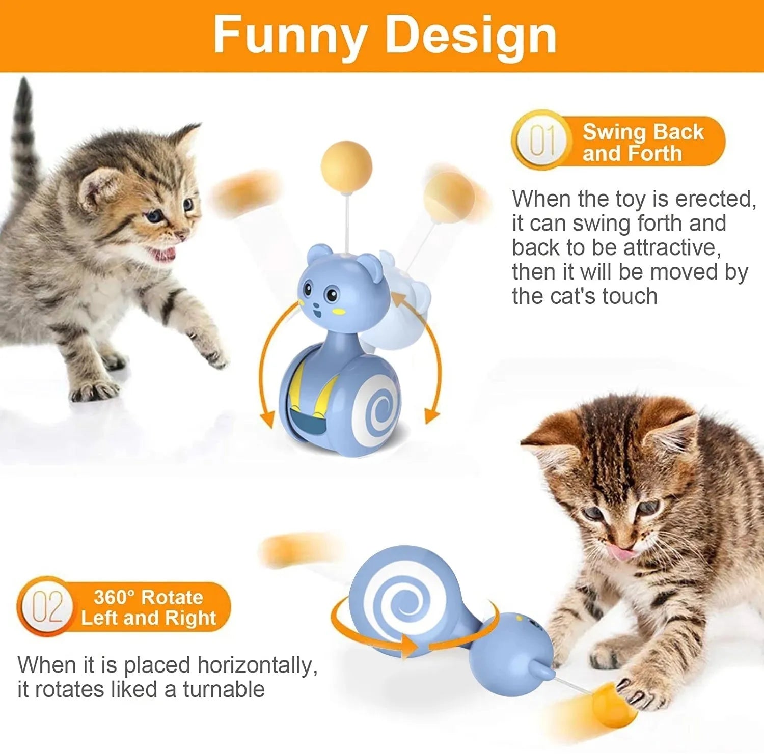 Cat interactive feather wand toy with rotating ball and bumbler tumbler design in blue or pink colour