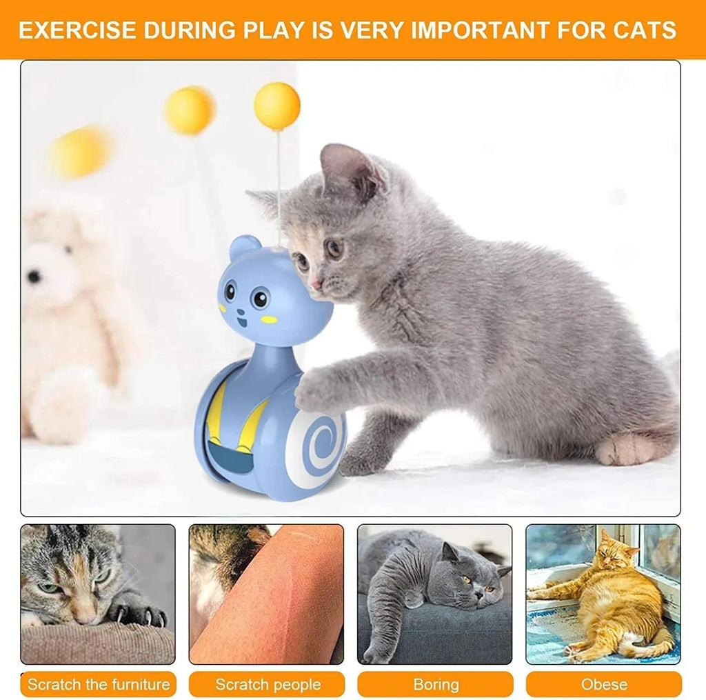 Cat interactive feather wand toy with rotating ball and bumbler tumbler design in blue or pink colour