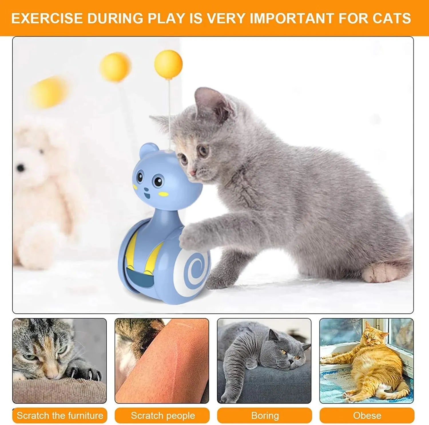 Cat interactive feather wand toy with rotating ball and bumbler tumbler design in blue or pink colour