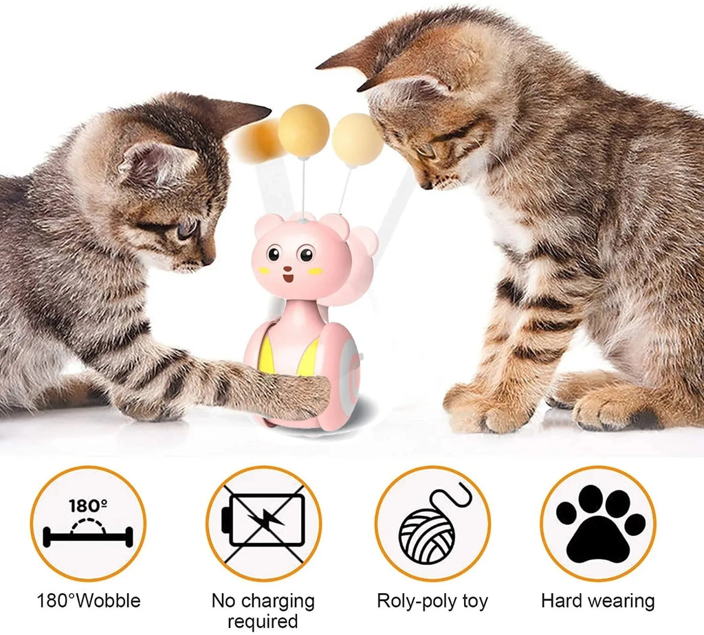 Cat interactive feather wand toy with rotating ball and bumbler tumbler design in blue or pink colour