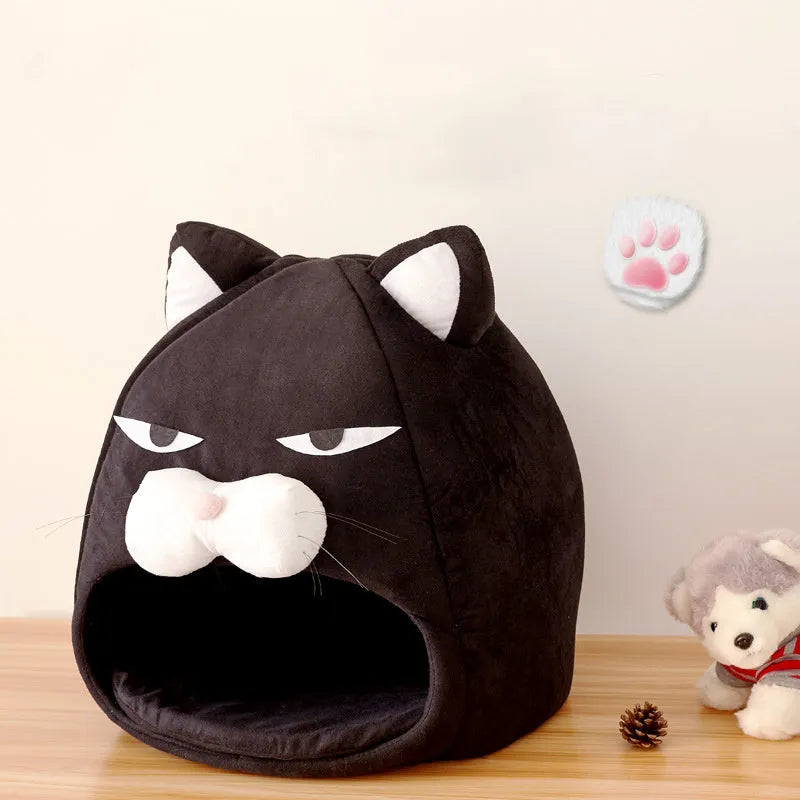 Black plush cat house bed with waterproof nylon base, removable washable cover, cube shape, 48cm and 38cm sizes