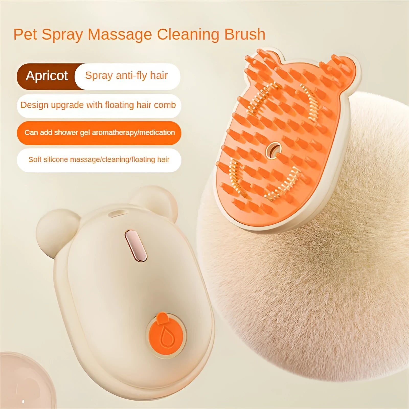 Pink and yellow 3-in-1 pet grooming brush with spray function and removable comb