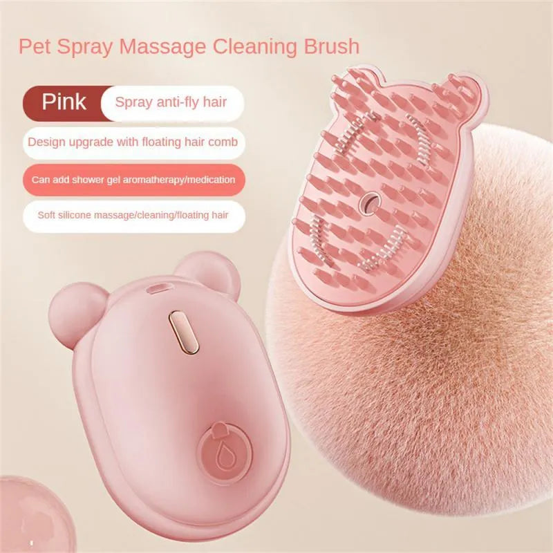 Pink and yellow 3-in-1 pet grooming brush with spray function and removable comb