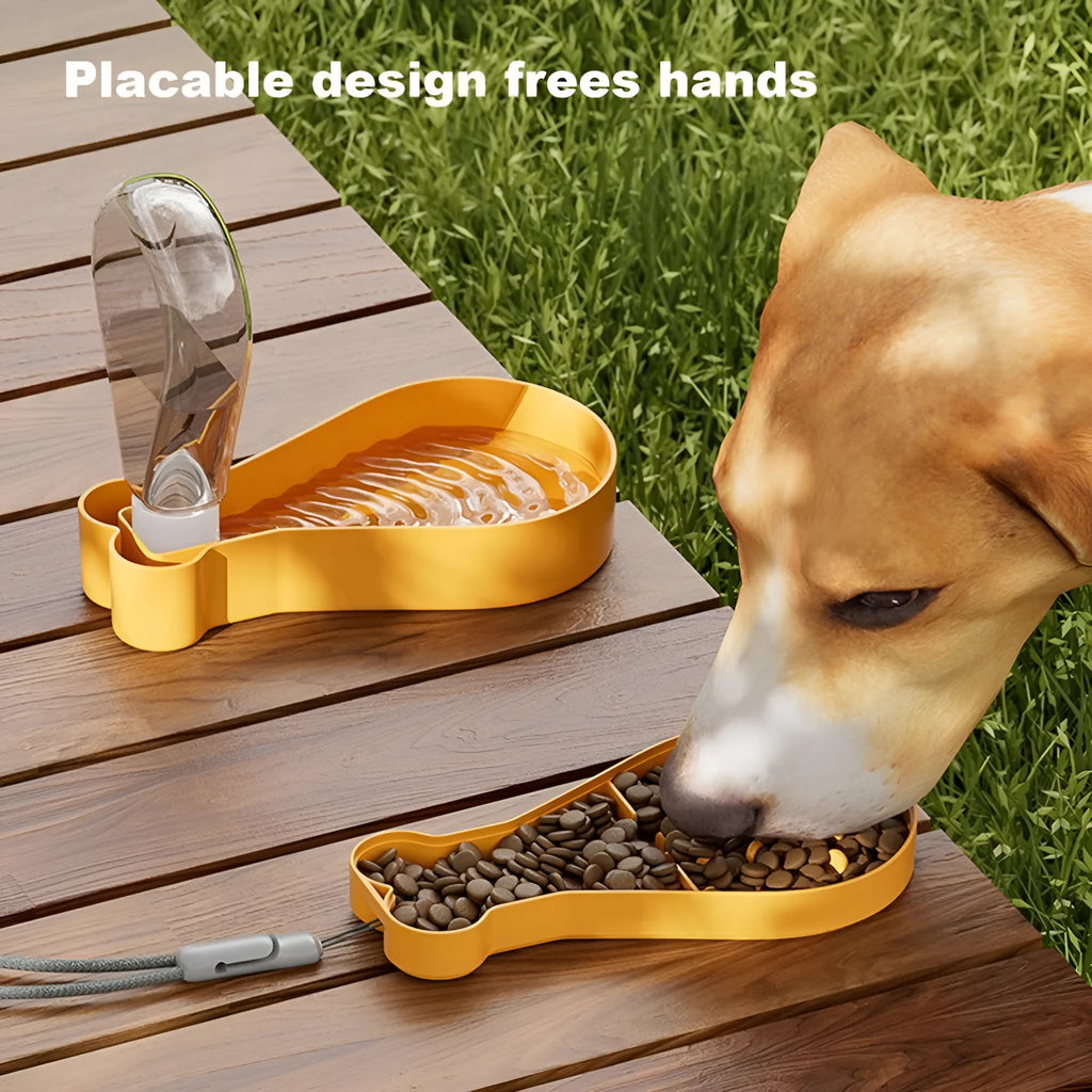 Orange and white portable pet water feeder showing water bottle and food container compartments