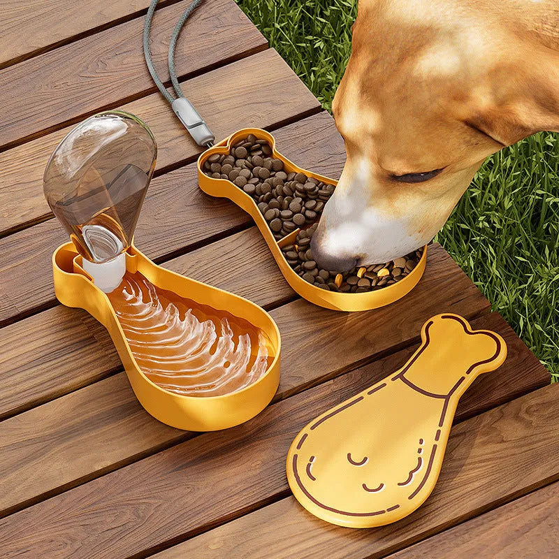 Orange and white portable pet water feeder showing water bottle and food container compartments