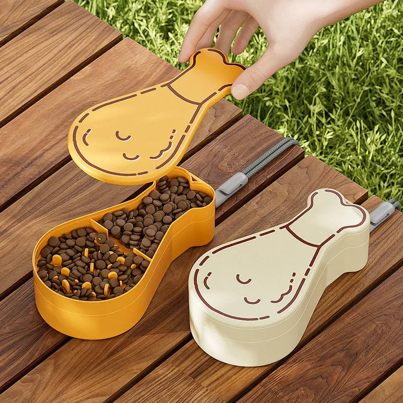 Orange and white portable pet water feeder showing water bottle and food container compartments