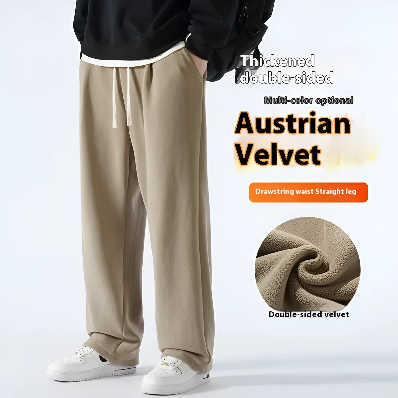 Men's apricot coloured fleece-lined loose fit sports trousers with an elasticated drawstring waist.