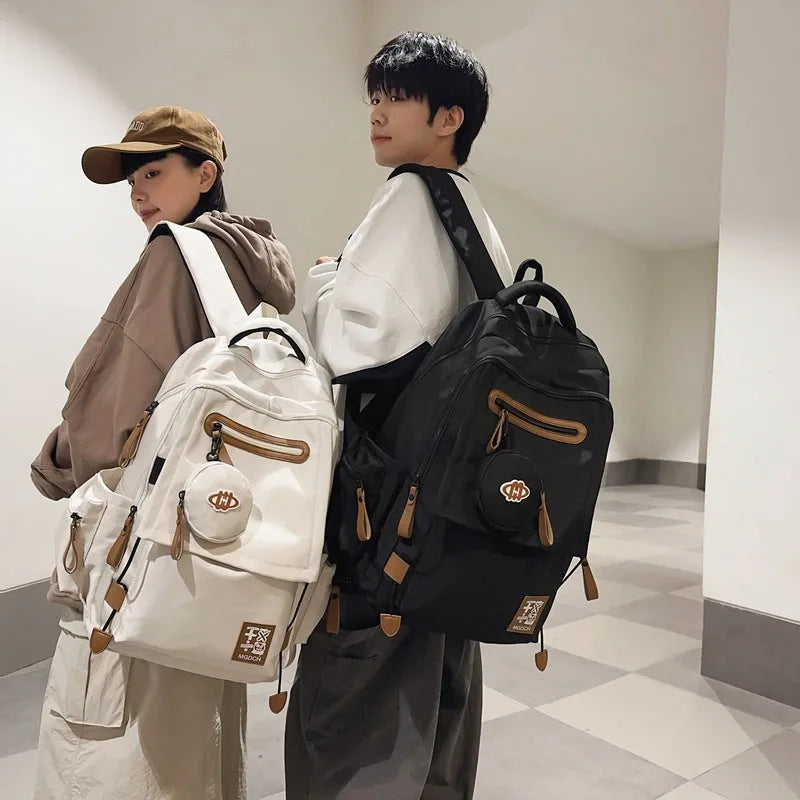 Large-capacity nylon backpack for middle school students with curved shoulder straps in street trend style