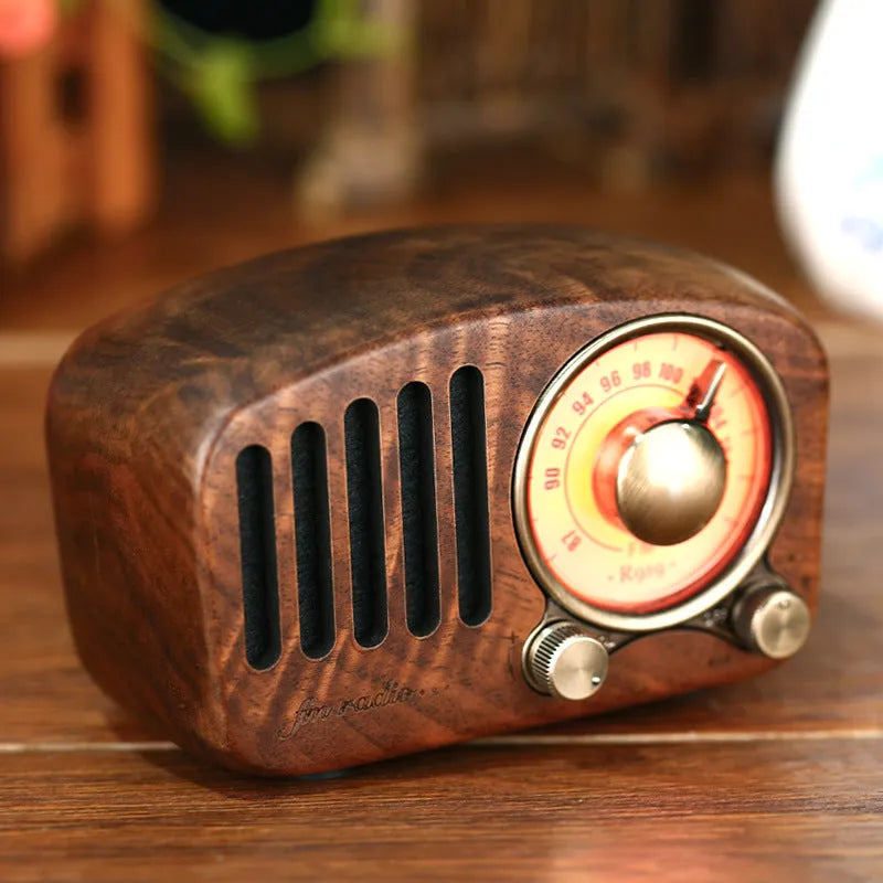 Retro wooden wireless mini speaker in cherry wood or walnut finish with compact dimensions