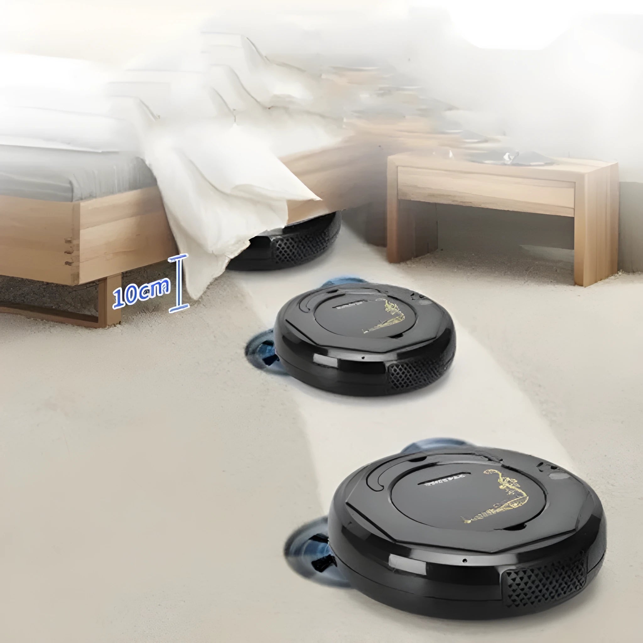 Lazy Smart robot vacuum cleaner in blue, black, or white colour on a hard floor.