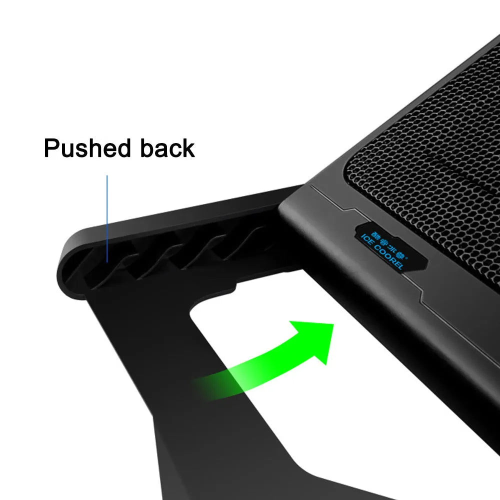 Laptop cooling board with metal mesh surface and LCD display showing fan speed settings