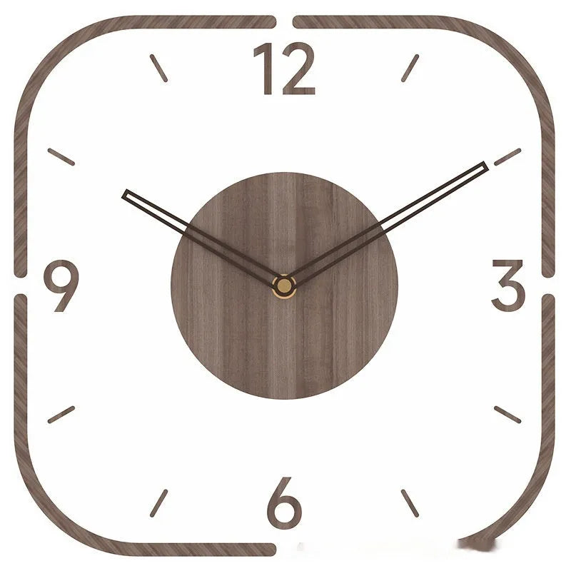 Modern transparent wooden frame wall clock showing 35cm square dimensions