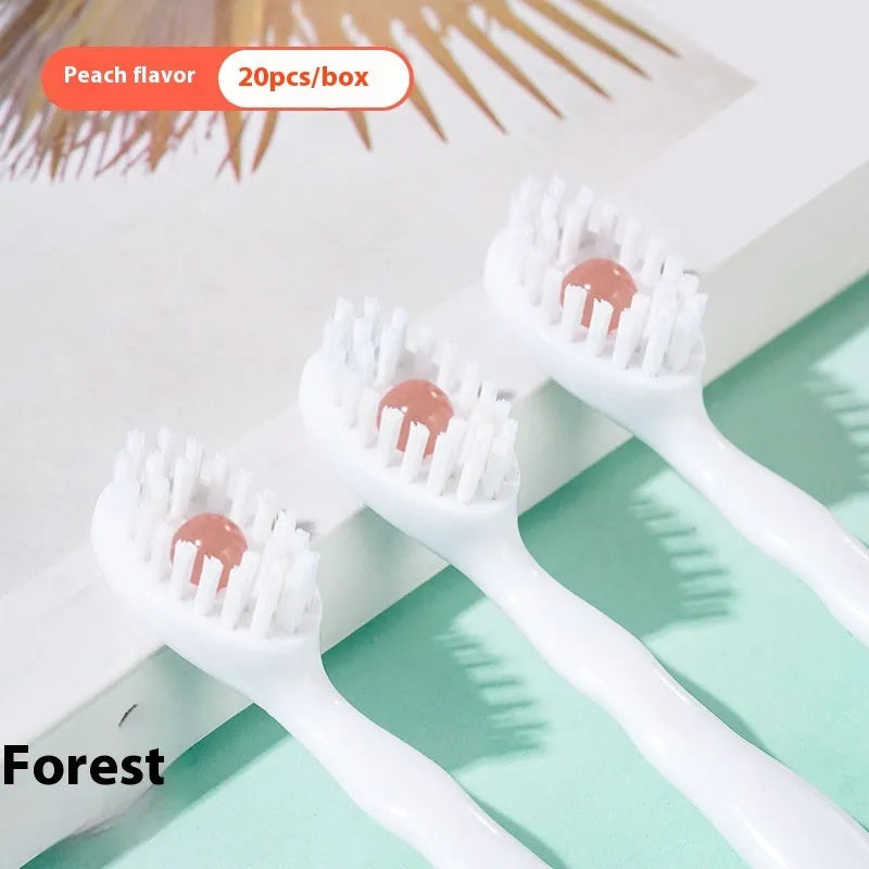Box of 20 disposable bead toothbrushes in mint, peach, green tea and mixed flavours for travel.