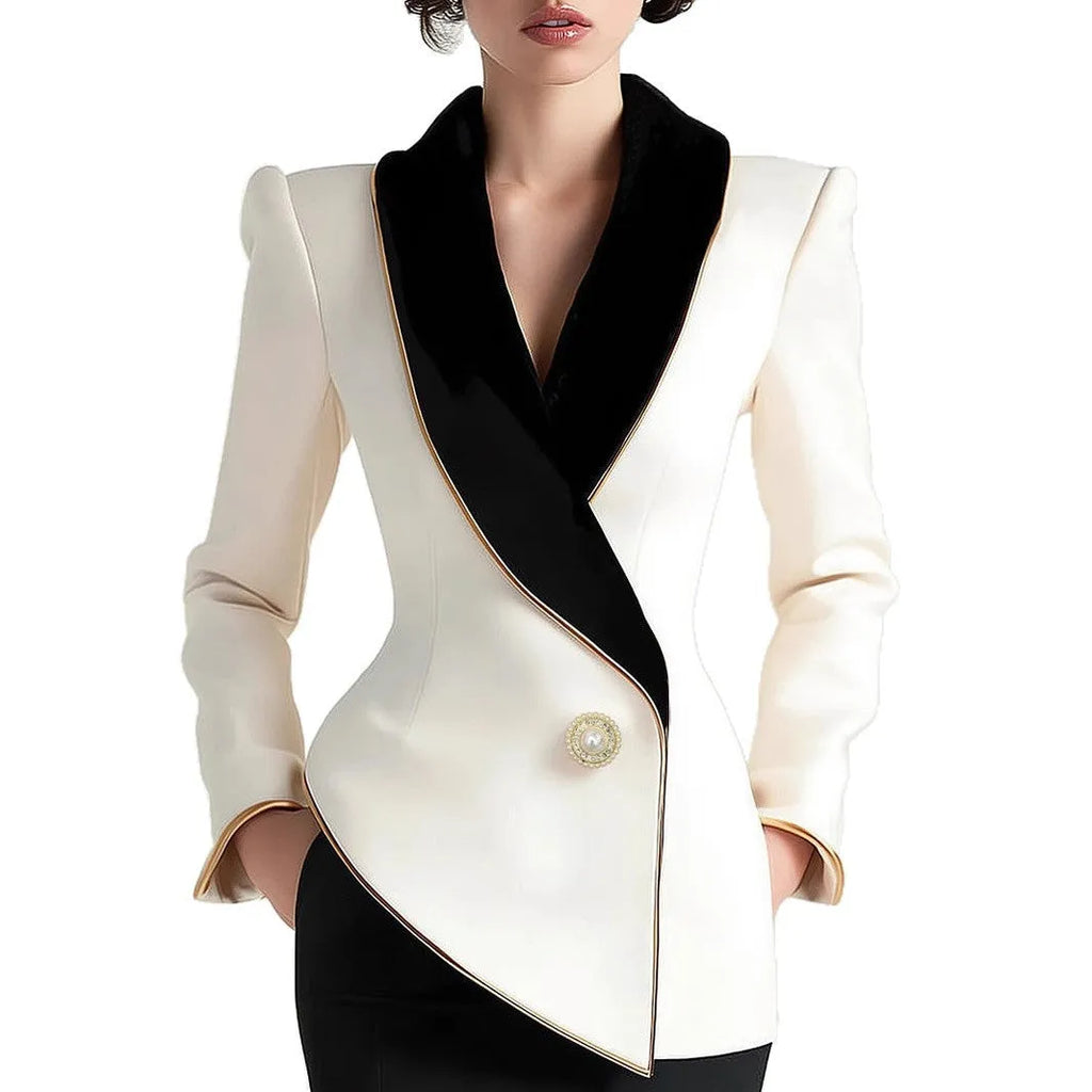 Women's beige irregular hem long sleeve coat with pearl button front fastening