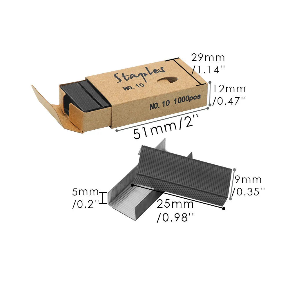 Box of 1000 metal office staples in rose gold, black, purple, and rose red finishes