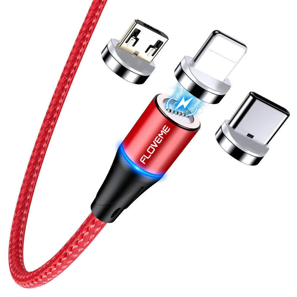 Black magnetic fast-charge data cable with glowing side lights next to a smartphone.