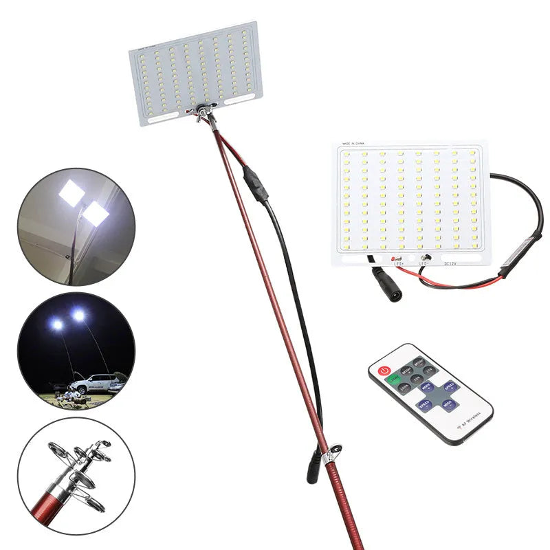 White LED fishing rod light unit with remote control next to extended telescopic pole