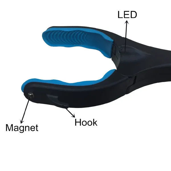 Blue foldable portable pickup tool with telescopic handle extended to 83.5 cm next to folded 13 cm version