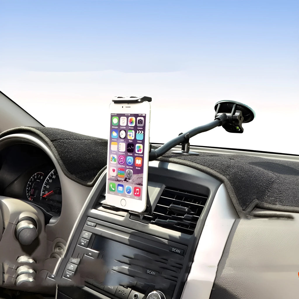 Black vehicle tablet holder with lifting bracket and long suction cup for 4-12 inch devices