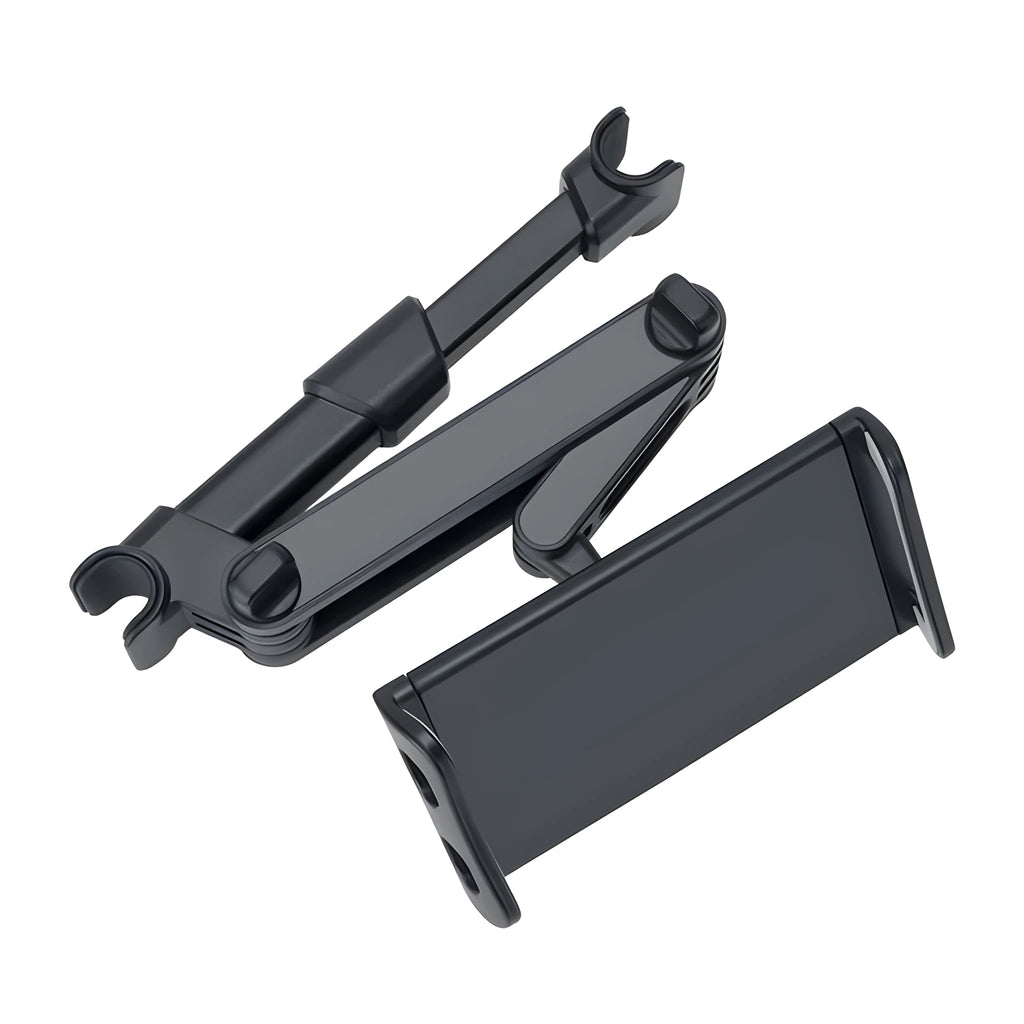 Black plastic universal car phone holder mounted on a car rear seat base.