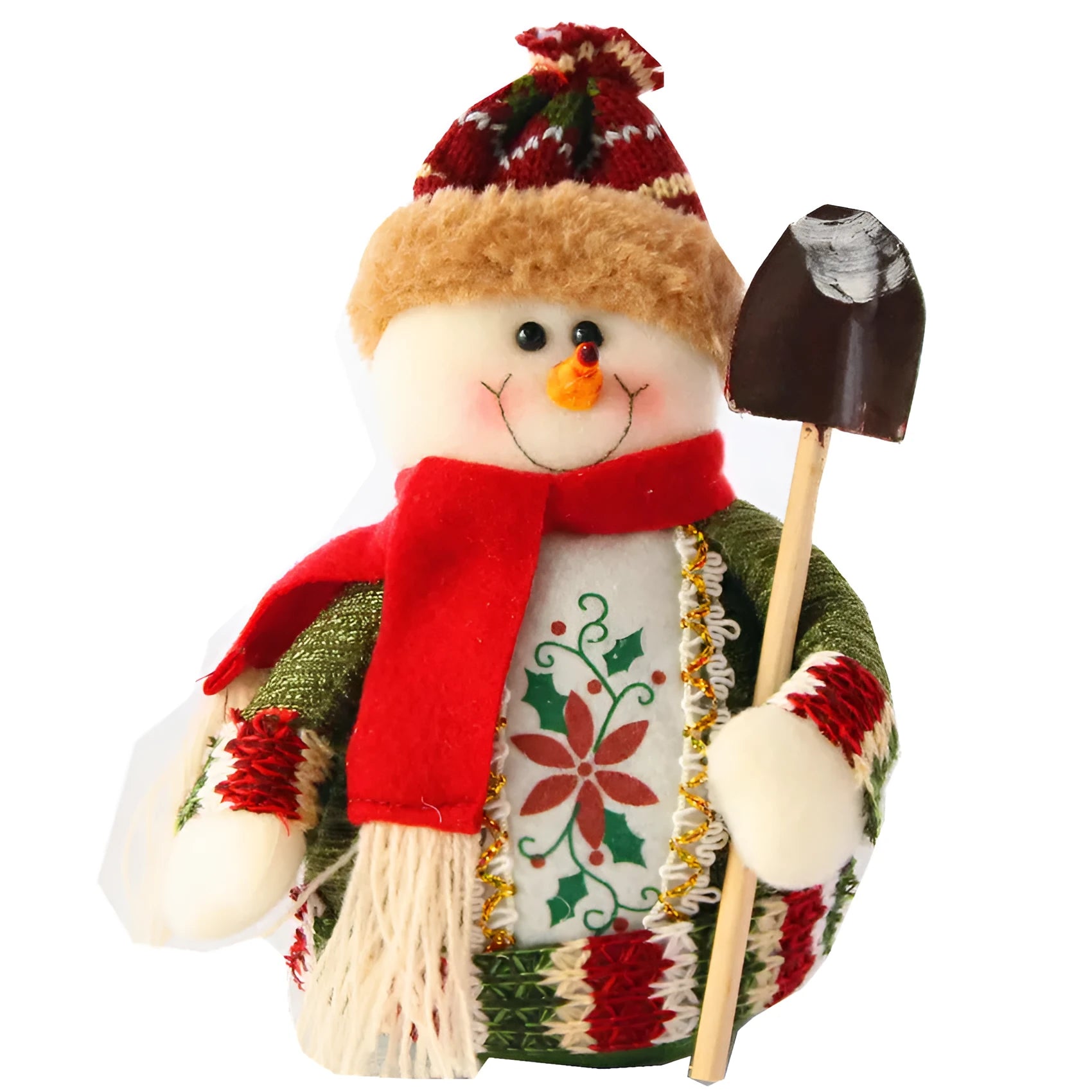 Flannel Christmas decorations set showing snowman, elk, and old man designs in red, green, and white colours