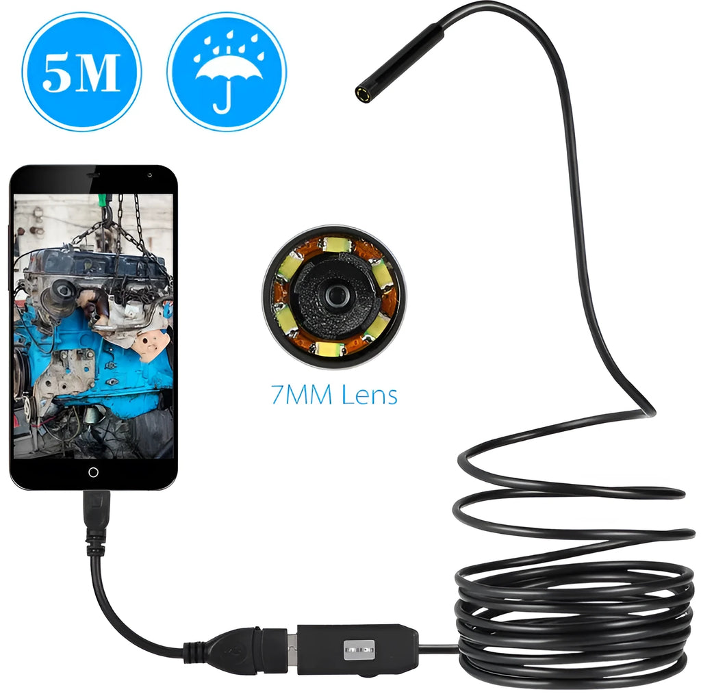OWSOO USB endoscope camera with 5m cable, hook, magnet, and side mirror attachments for phone and computer inspections.