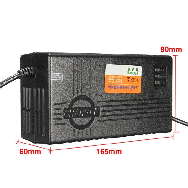 Black 72V20AH electric car charger with 2.5A output and compact 165mm design for lead-acid batteries