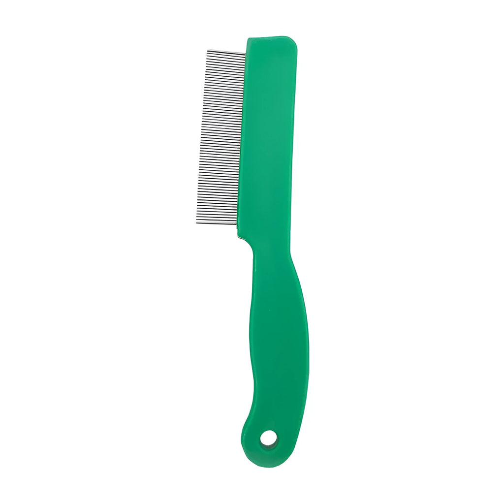 Green plastic-handled flea comb with stainless steel pins for dog and cat grooming.