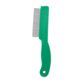 Green plastic-handled flea comb with stainless steel pins for dog and cat grooming.