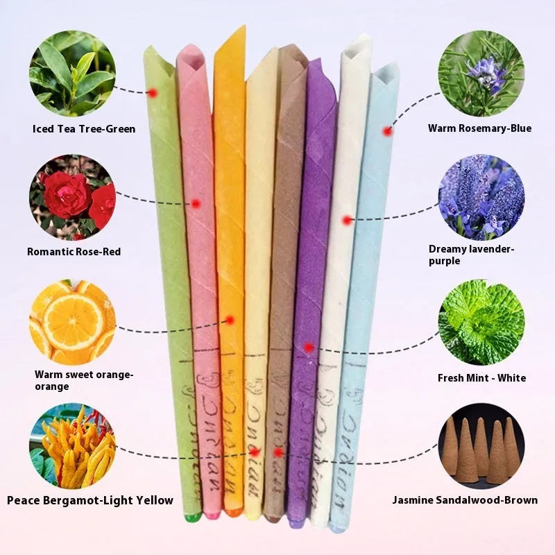 Ear candle set showing 16 candles, 8 protection boards and 16 cotton swabs arranged on table