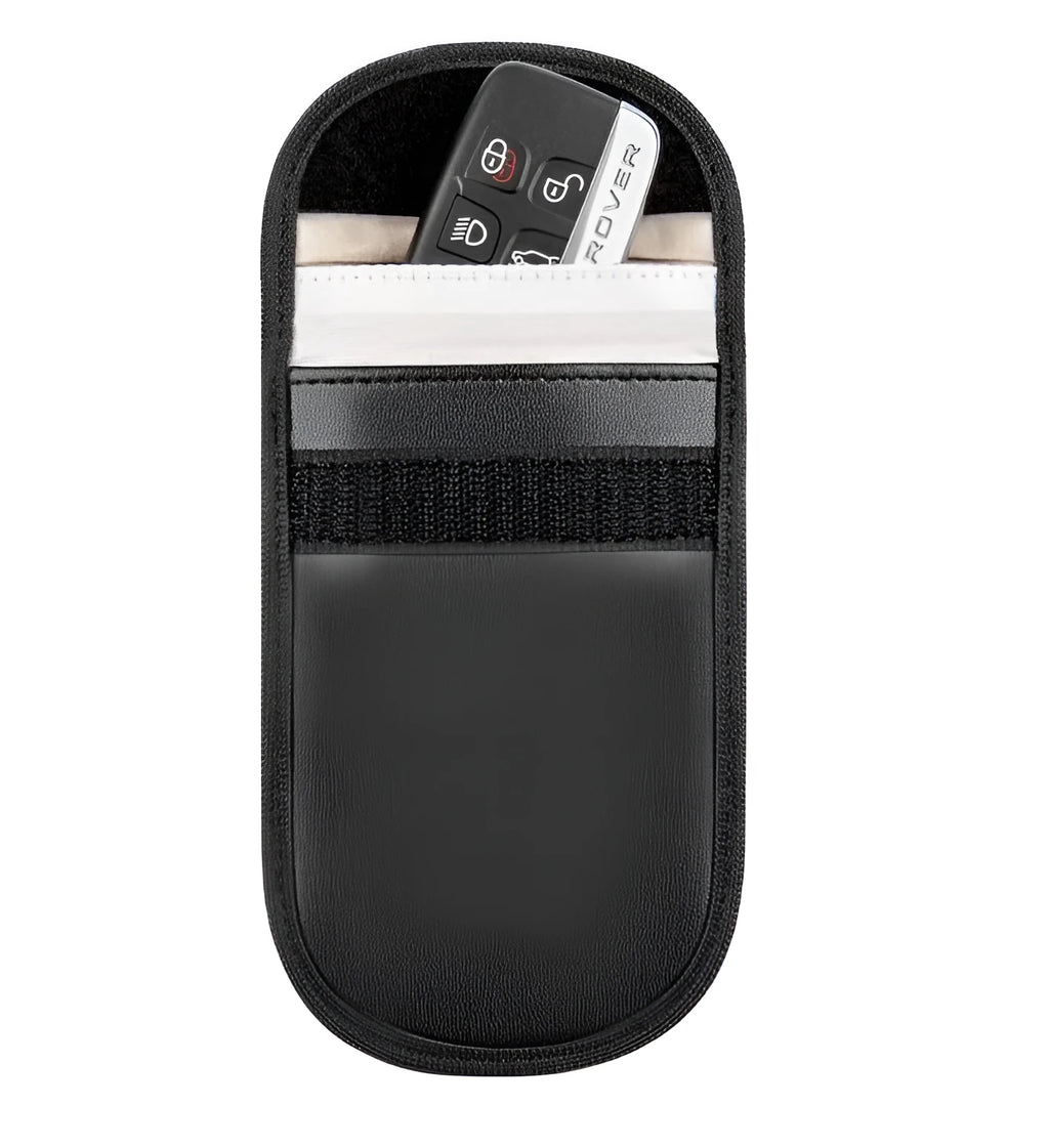 Black microfiber Faraday cage bag for blocking key fob and card signals, shown with dimensions 13.5cm by 9.5cm.