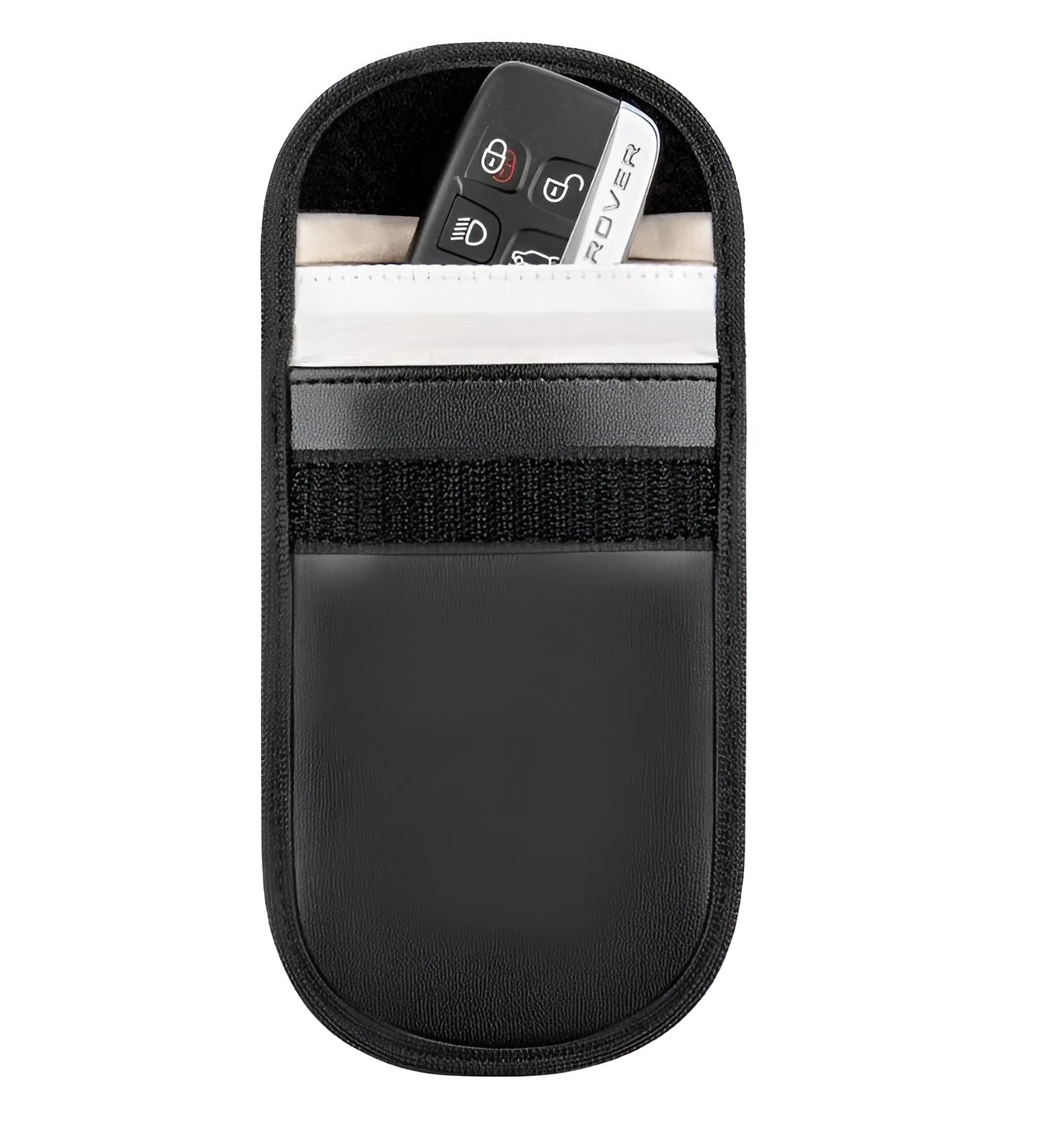 Black microfiber Faraday cage bag for blocking key fob and card signals, shown with dimensions 13.5cm by 9.5cm.