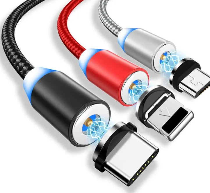 YBD black magnetic USB charging cable with LED light, shown with Lightning, Micro-USB, and Type-C connectors.