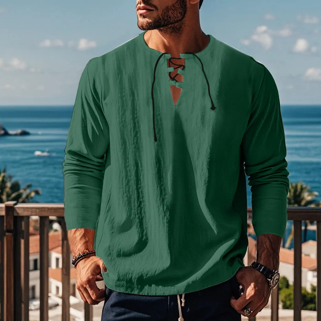 Cotton linen beach ruff shirt in solid colour with loose pullover design