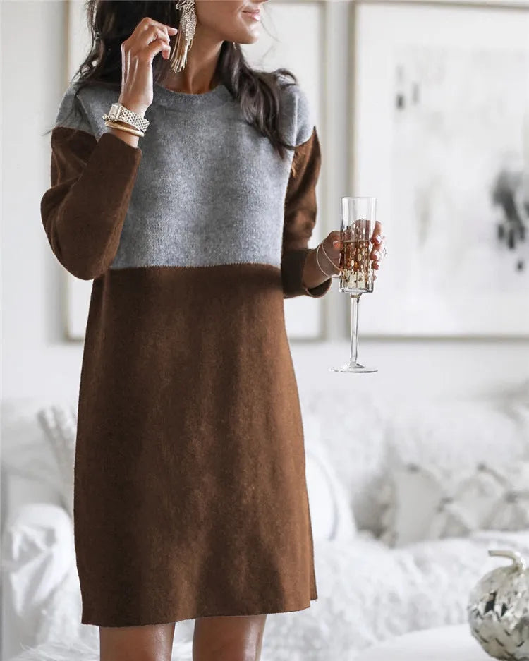 Brown women's patchwork sweater dress with long sleeves and art retro styling