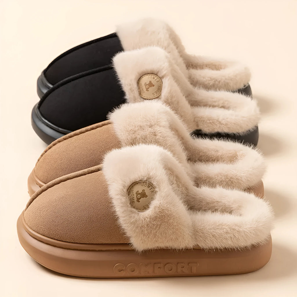 Fleece-lined winter slippers with PVC sole in various colours showing car stitching detail