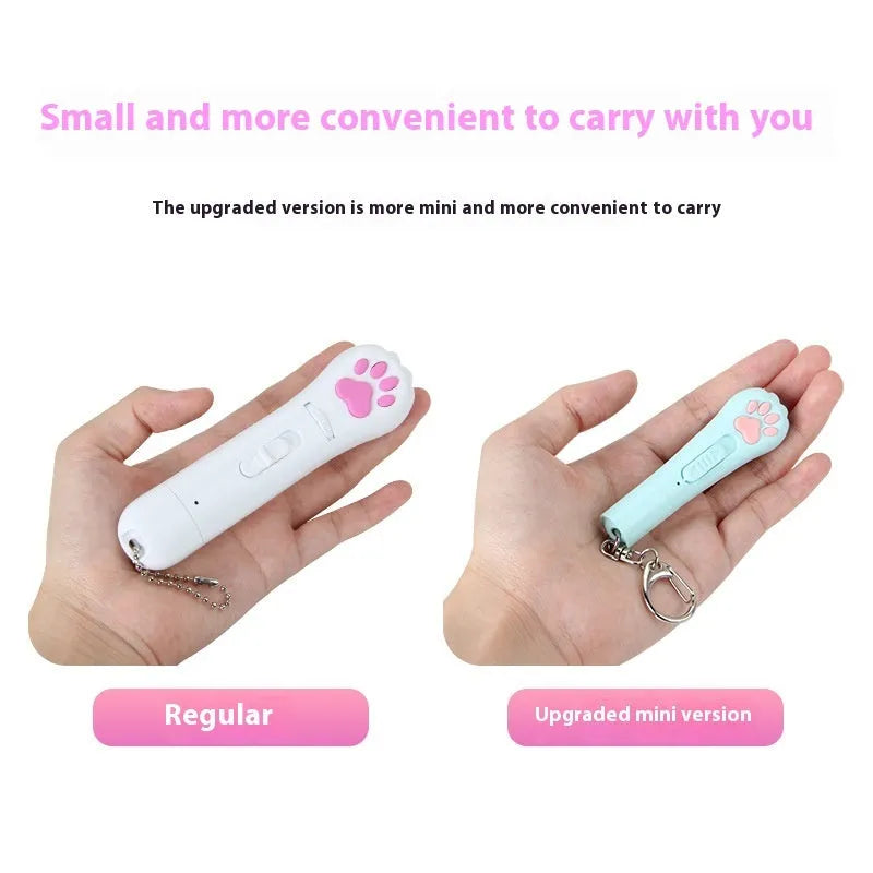 Mini cat laser toy with footprints design showing infrared charging port and teasing stick attachment