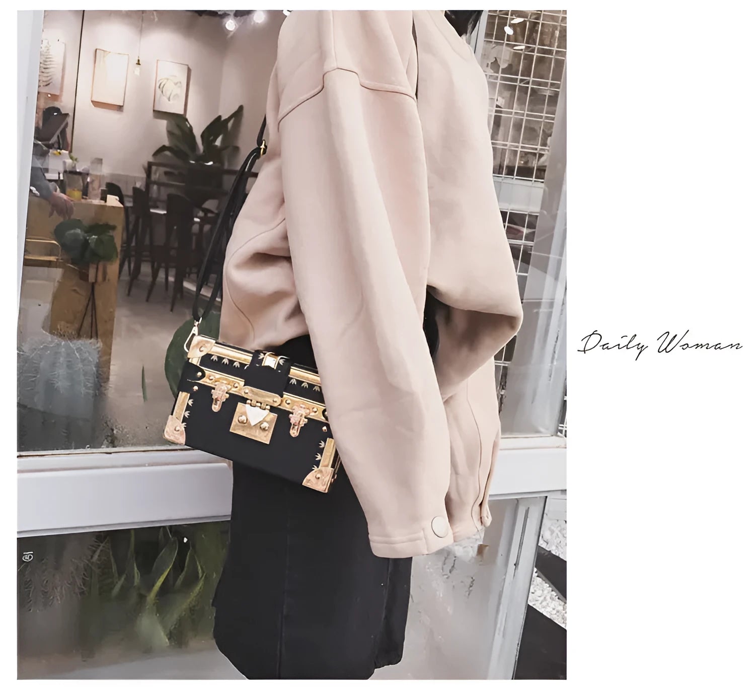 Women's hard-sided black PU shoulder bag with single strap and flap closure