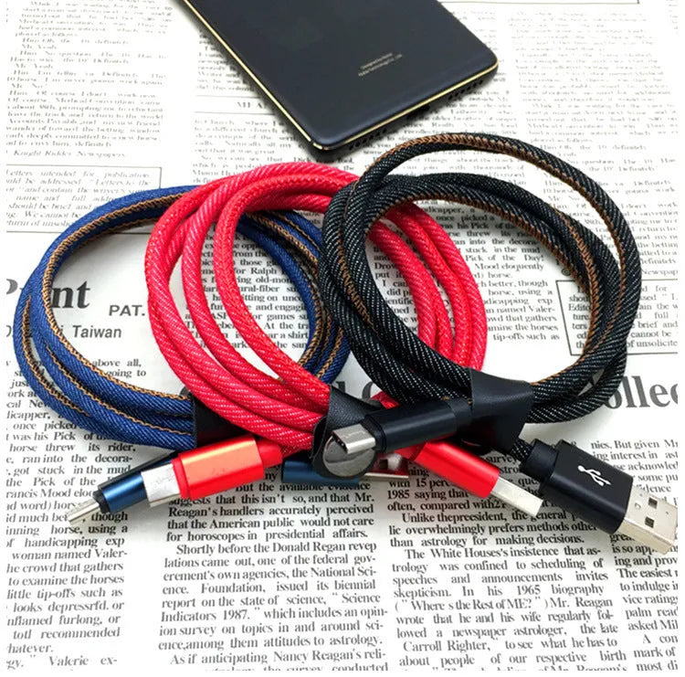 Cowboy-style denim braided USB-C charging cable in black with aluminium connectors.