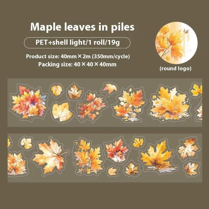 Deciduous Poetry Series decorative sticker roll showing six leaf patterns including ginkgo and maple designs